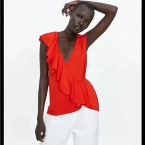 [L]Zara Red Sleeveless wrap top with ruffle  Trim-NWOT